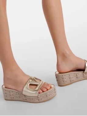 Valentino Garavani Metallic Gold VLogo Wedge Espadrille Mules Size 35